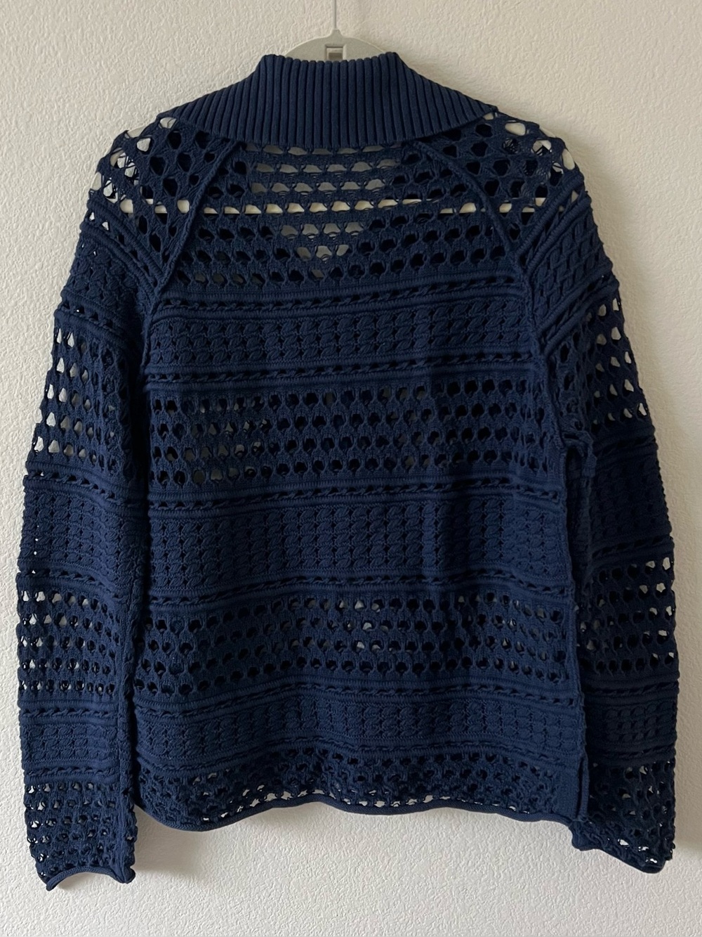Sundance Crochet Open Knit Polo Top Navy Blue Relaxed Slouchy Sheer Medium - Picture 10 of 15